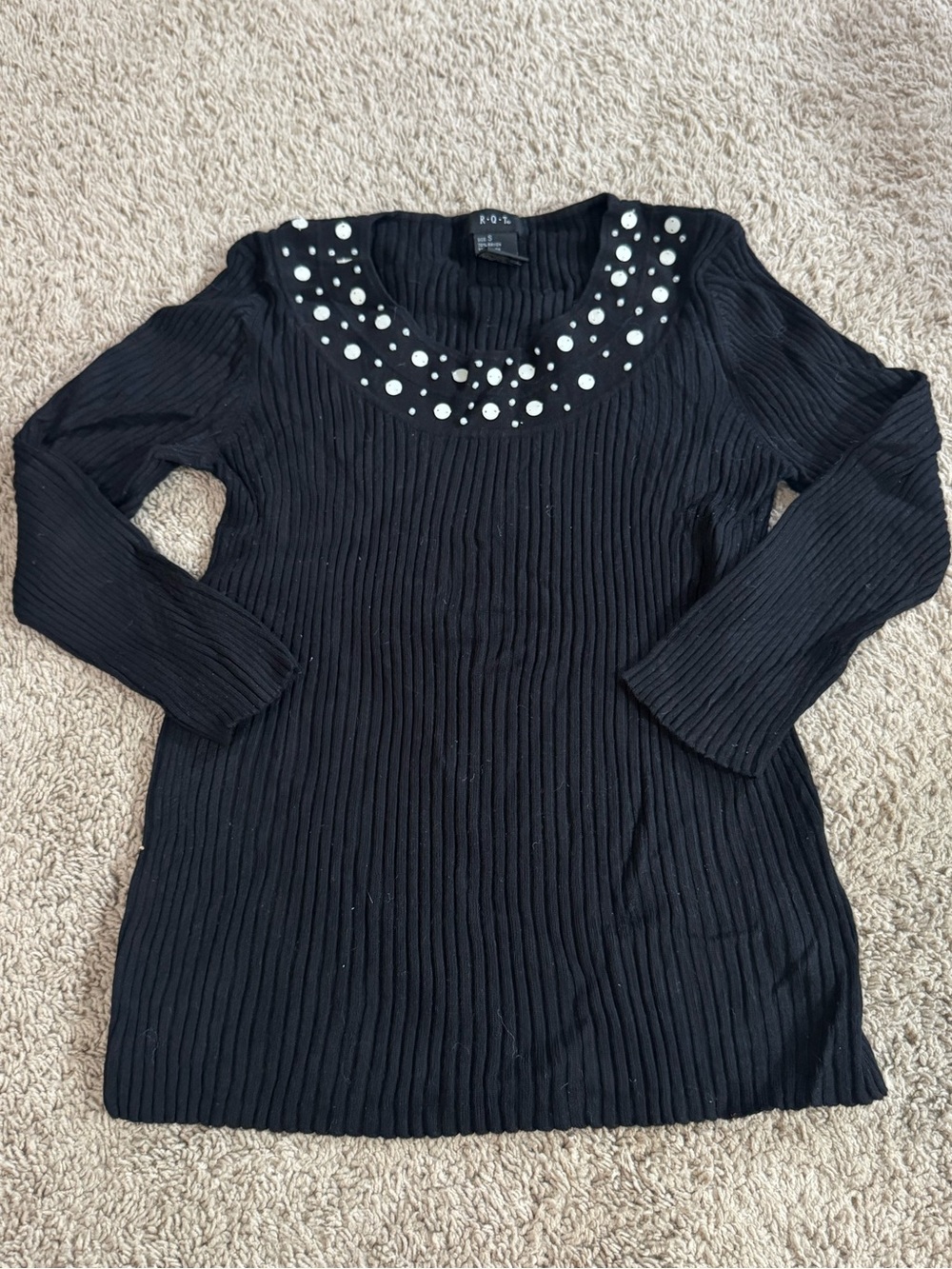 Embellished Black Ribbed Sweater Top